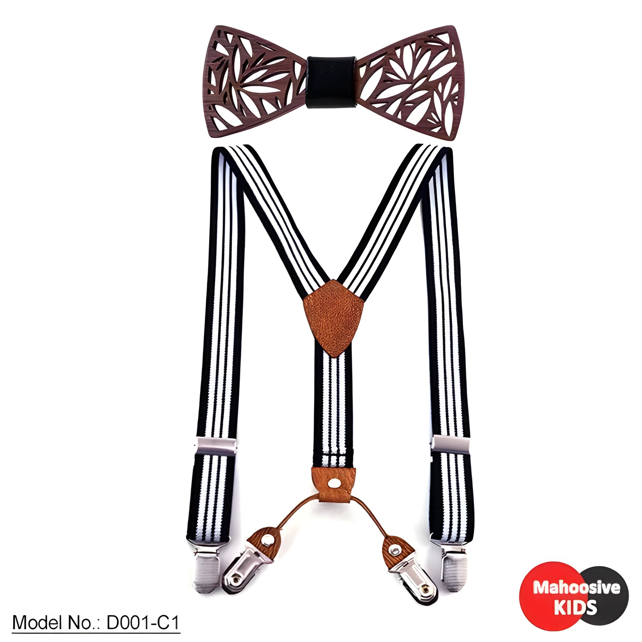 Children's wooden bow tie set with striped suspenders and belt on a boy for wedding