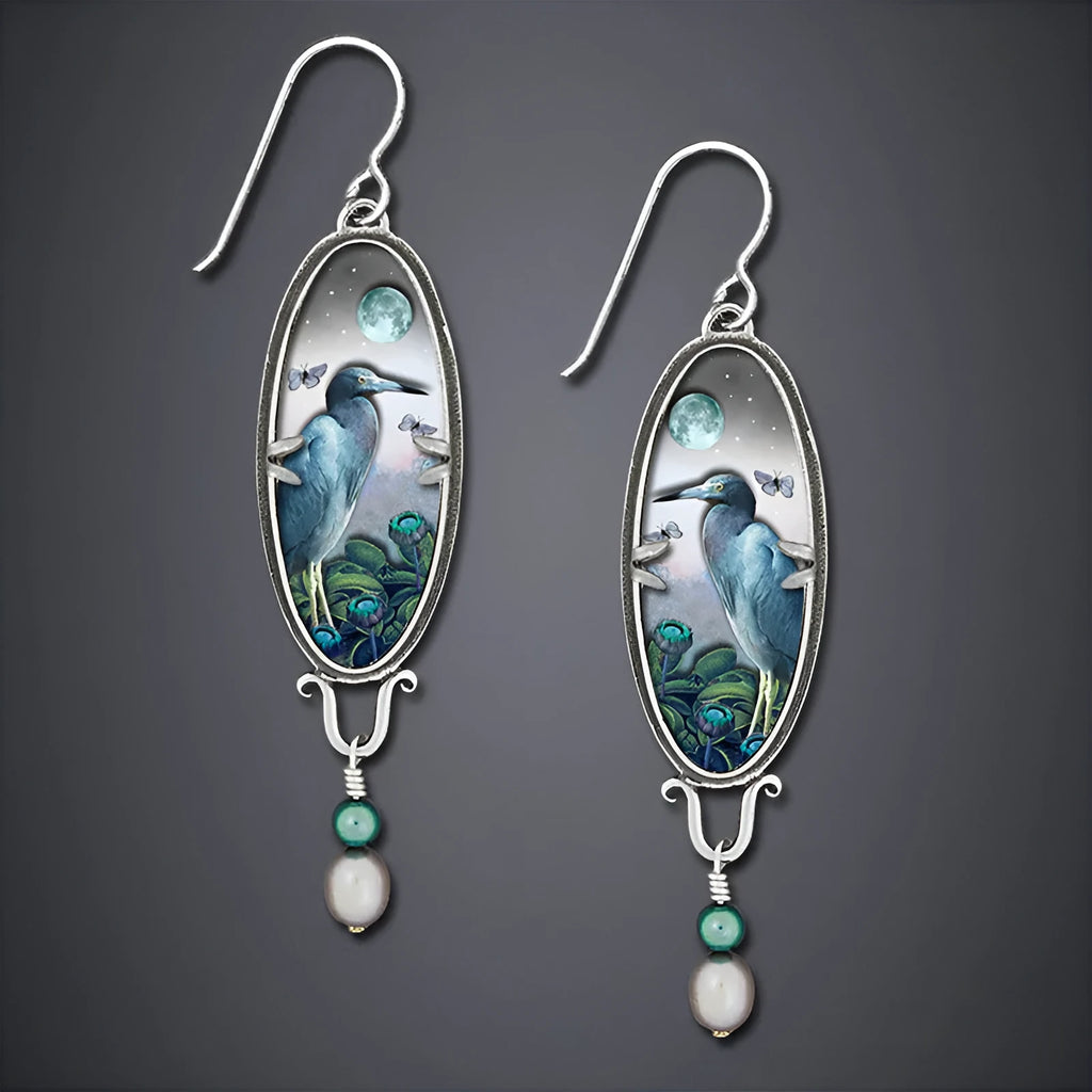 Silver retro bird and flower design drop earrings made of metal