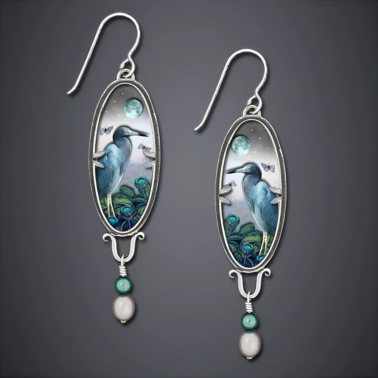 Silver retro bird and flower design drop earrings made of metal