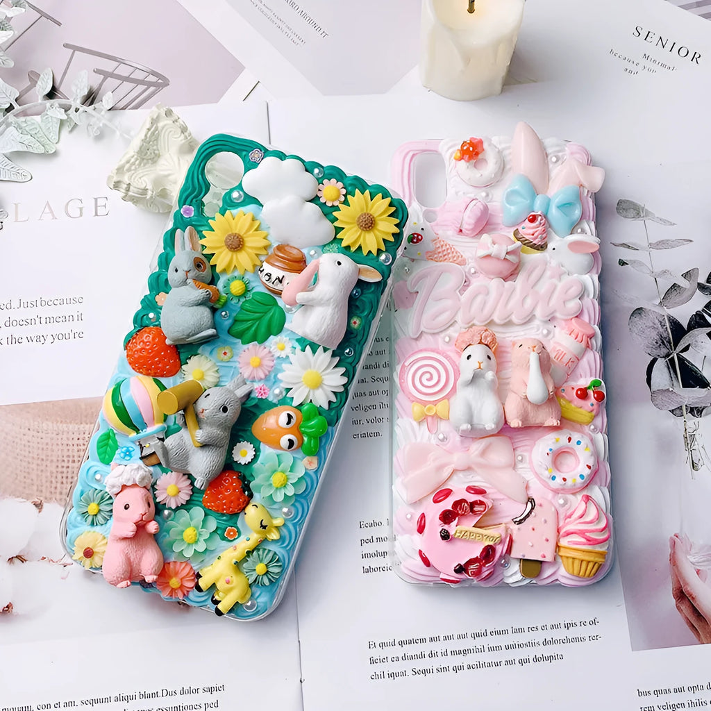 Green silicone iPhone case with 3D cartoon rabbit design showing textured surface and port cutouts