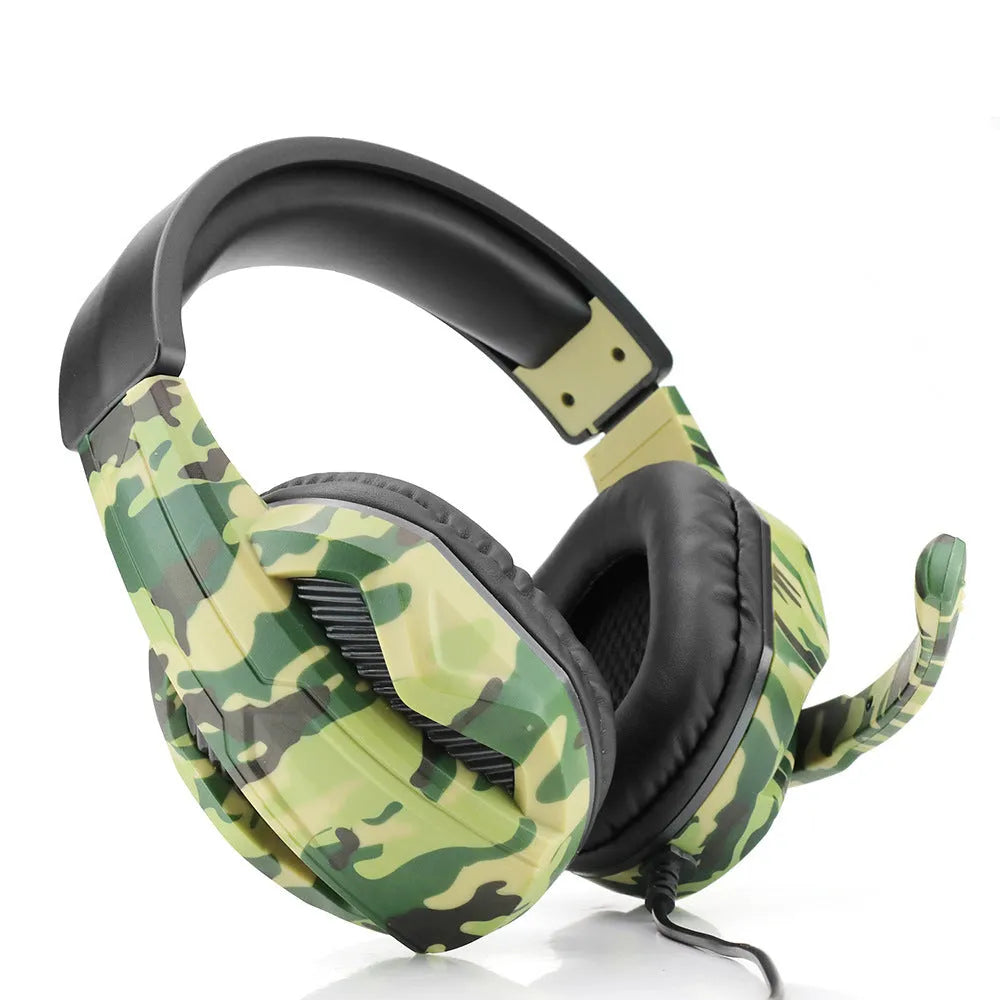 Army green camouflage wired gaming headset with over-ear cups and a bendable microphone.