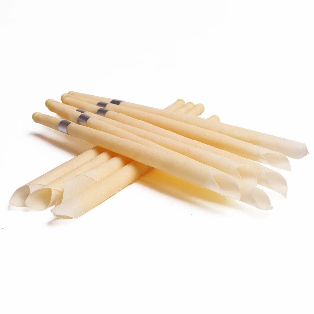 Natural beeswax ear candle for ear wax removal, conical shape, 23.5cm length, on a white background