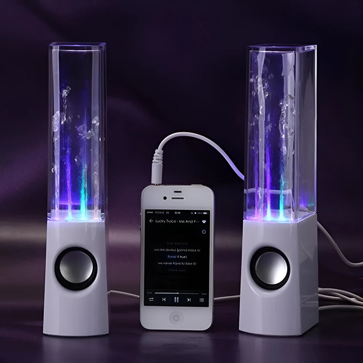 Wireless dancing water speaker with LED fountain and 3D audio, rectangular black design on a desk