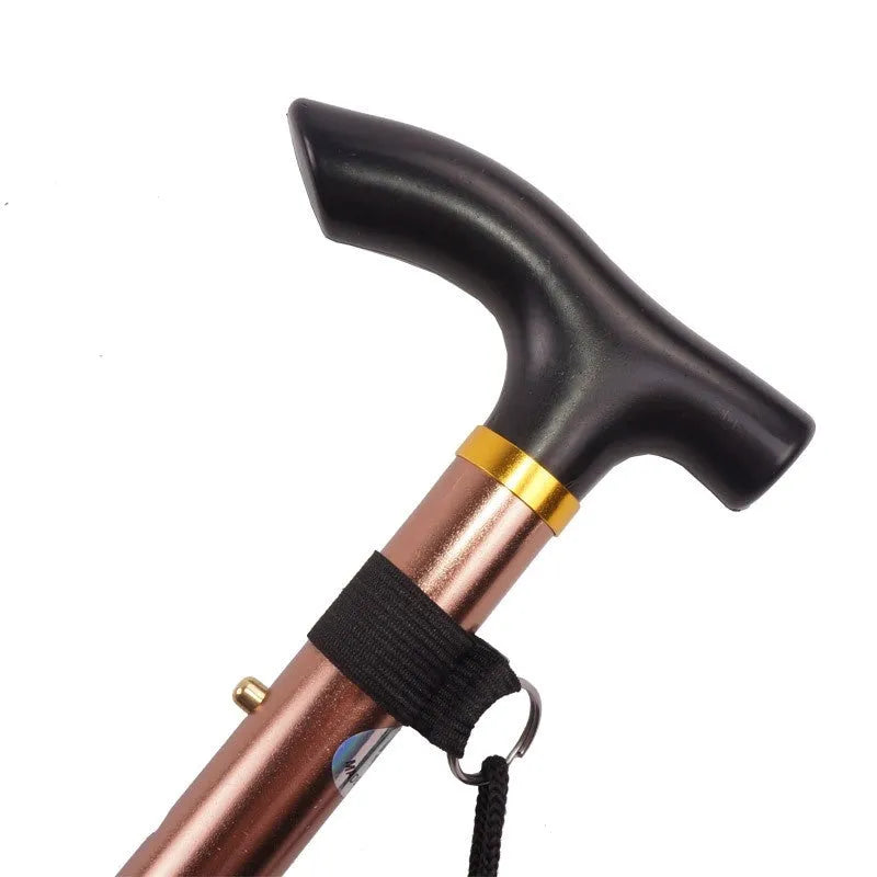 Aluminum alloy folding walking stick in black, shown extended and folded, with non-slip handle.