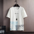 Men's short sleeve round neck T-shirt with geometric print in black, white, blue or khaki, loose straight fit