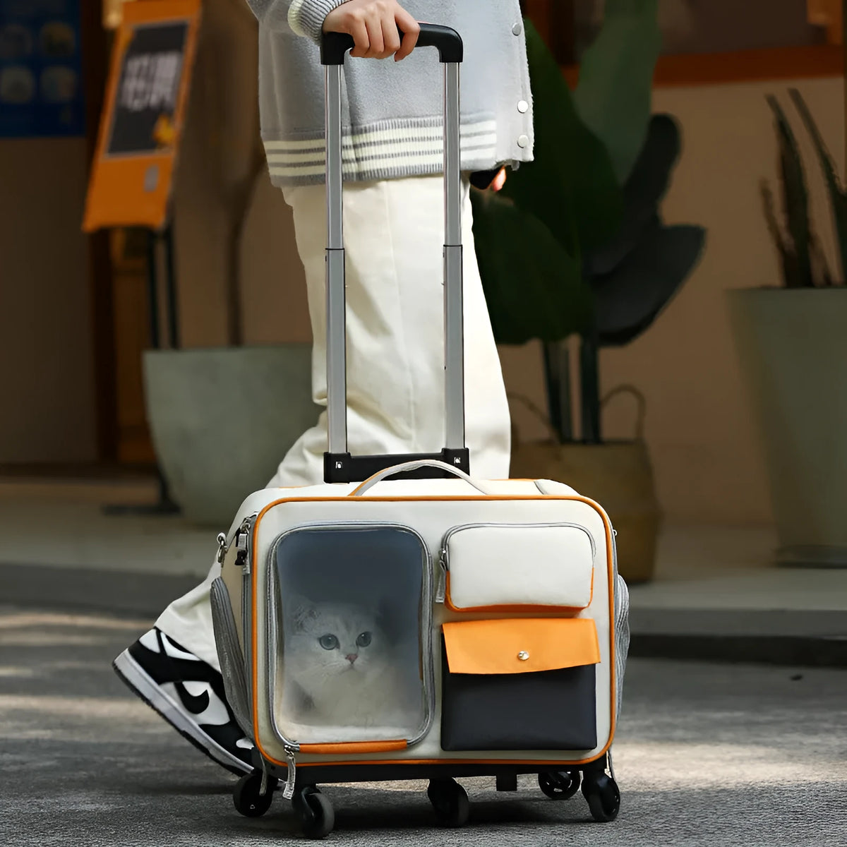 32L Oxford cloth cat trolley backpack in beige, brown, grey, peacock blue or yellow, anti-stress pet carrier.