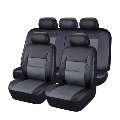 Artificial leather car seat covers in various colours shown on vehicle seats