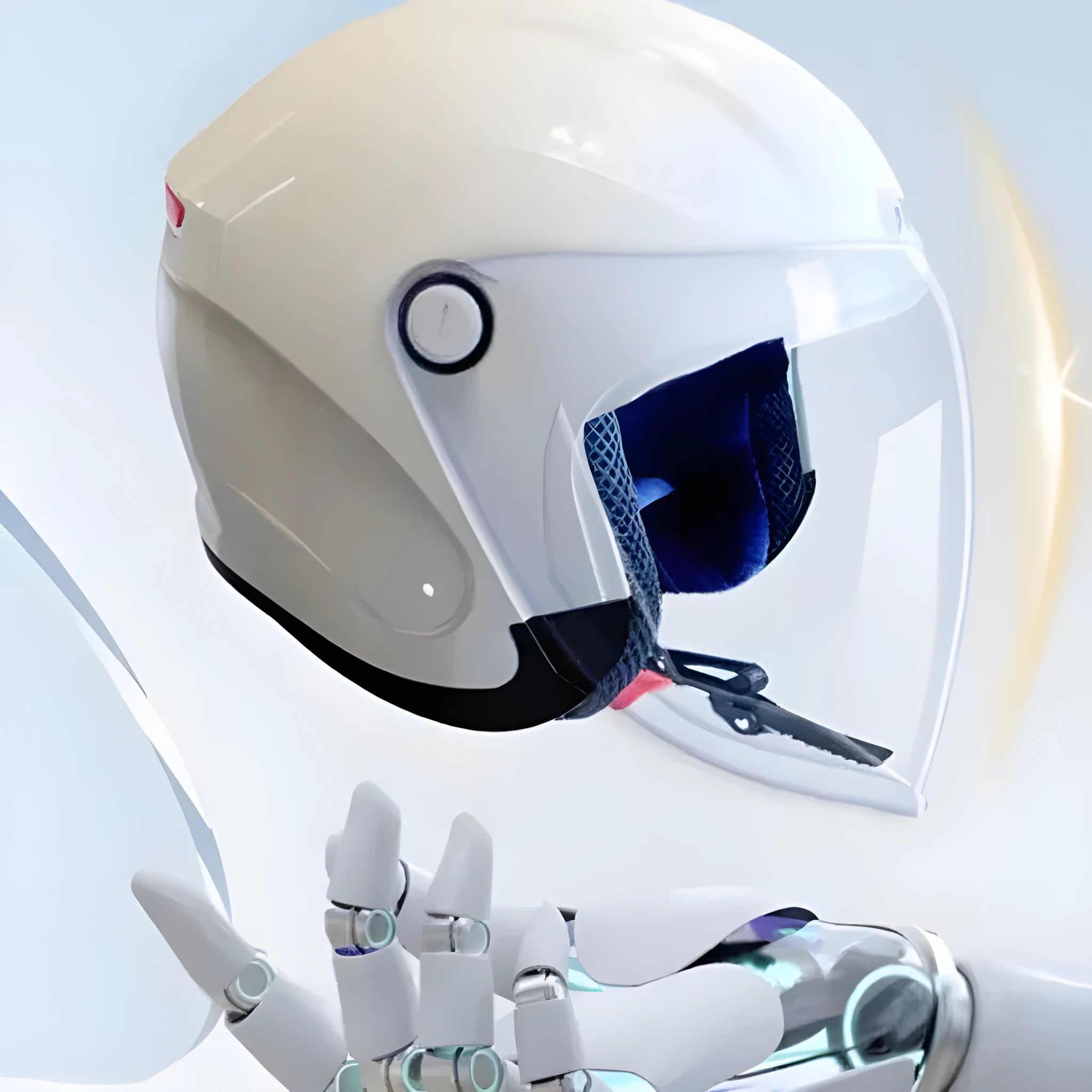 Black and white smart motorcycle half helmet with AI voice and Bluetooth features.