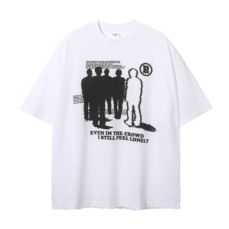 Men's oversized mercerized cotton T-shirt with gothic cartoon print, short sleeve loose fit, black haze blue or white