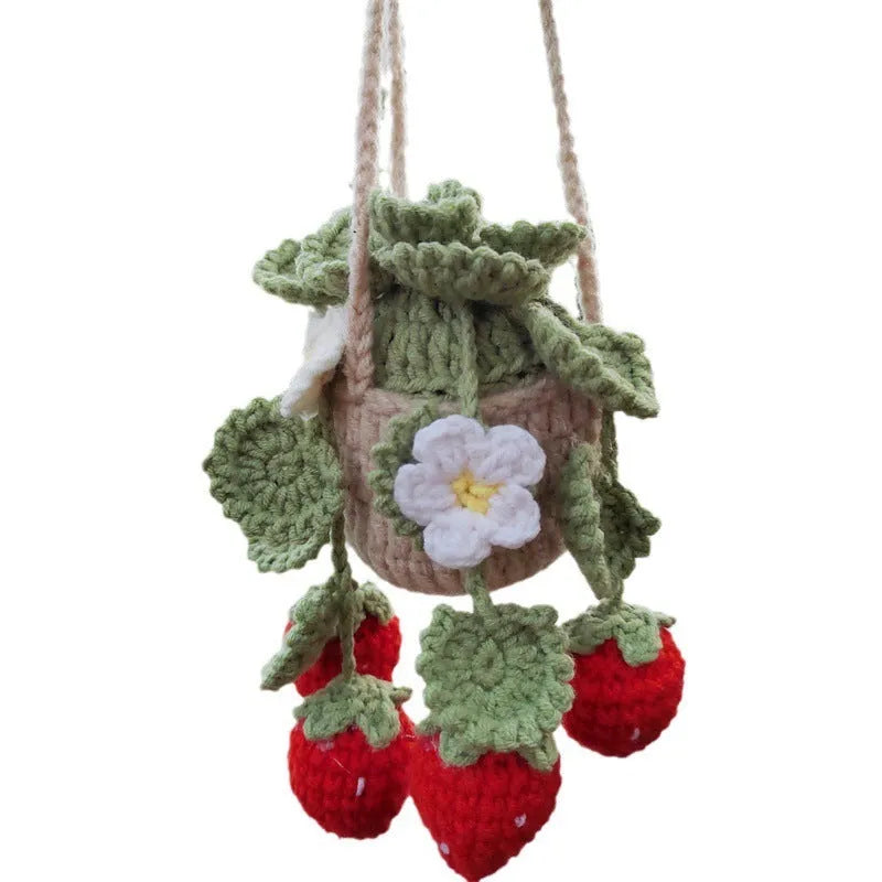 Red wool knitted strawberry car hanging pendant with three-dimensional fruit design for car trailer decoration