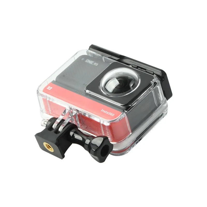 Transparent Insta360 One RS waterproof housing case for underwater use.