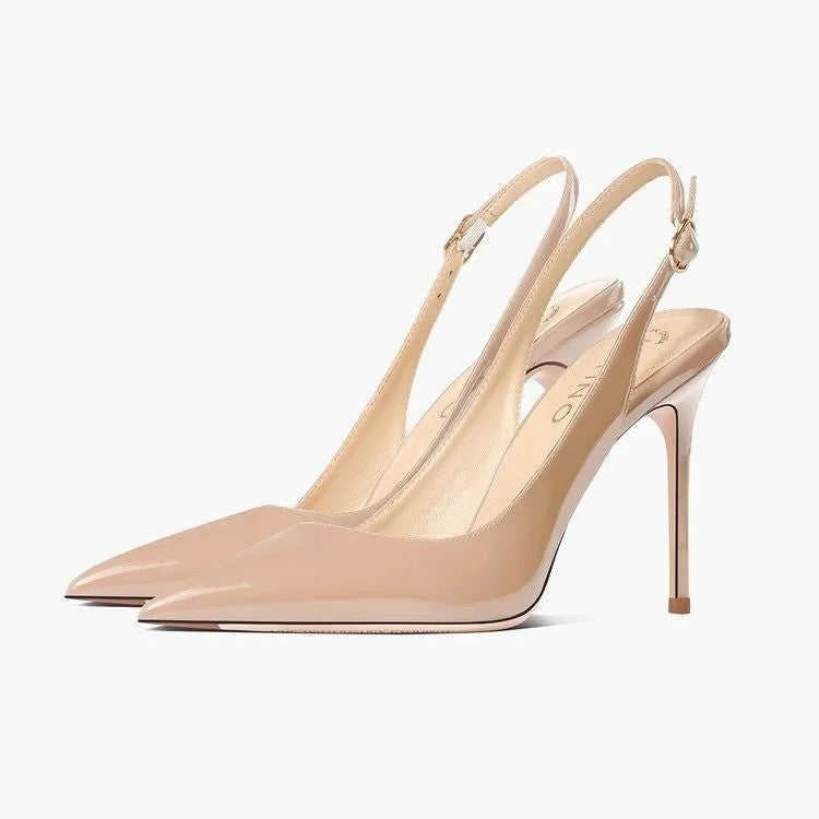 Women's nude ankle-strap high heels with hollow design and button fastening