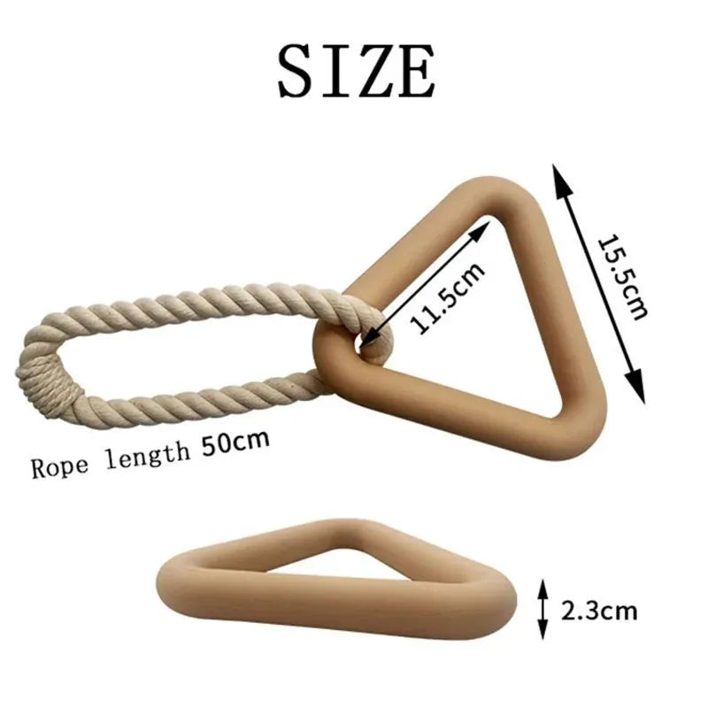 Large triangular pet pull ring toy made from cotton rope in beige, pink, or purple colour.