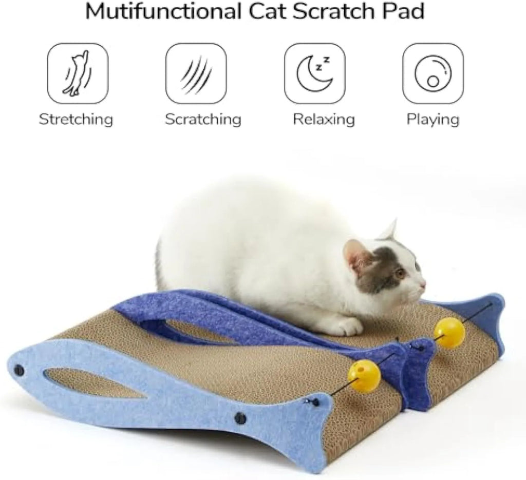 Blue fish-shaped cardboard cat scratcher with bell balls on an elastic cord