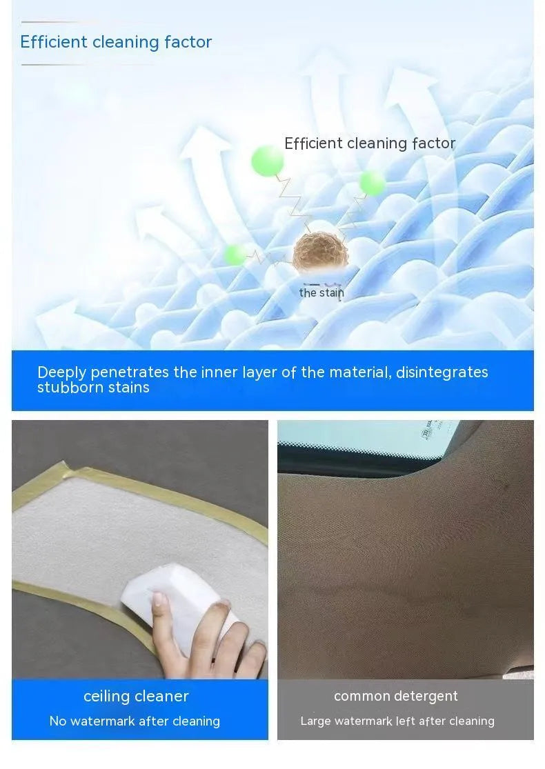 Wash-free fabric roof foam decontamination cleaner bottle with towel and sponge wipes for car interior cleaning.