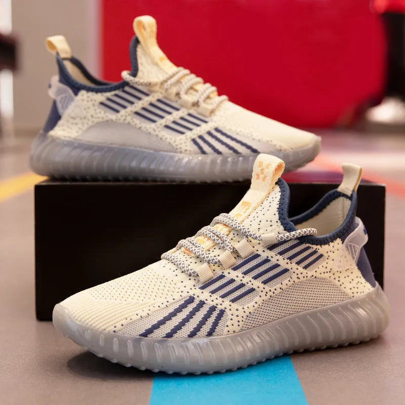 Men's white breathable flying fabric sports shoes with round toe and flat platform heel on a solid background.