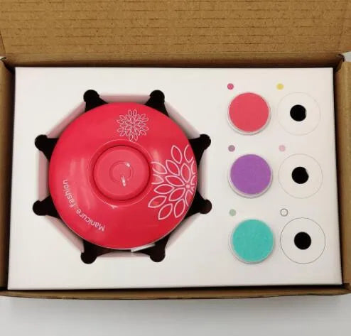 Red and green baby electric nail polisher sets with multiple grinding heads for infant and adult nail care.