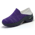 Lightweight non-slip walking shoes with flying weave upper, PU rocking sole, mid heel 3-5cm, available in blue pink purple white, sizes 35-42