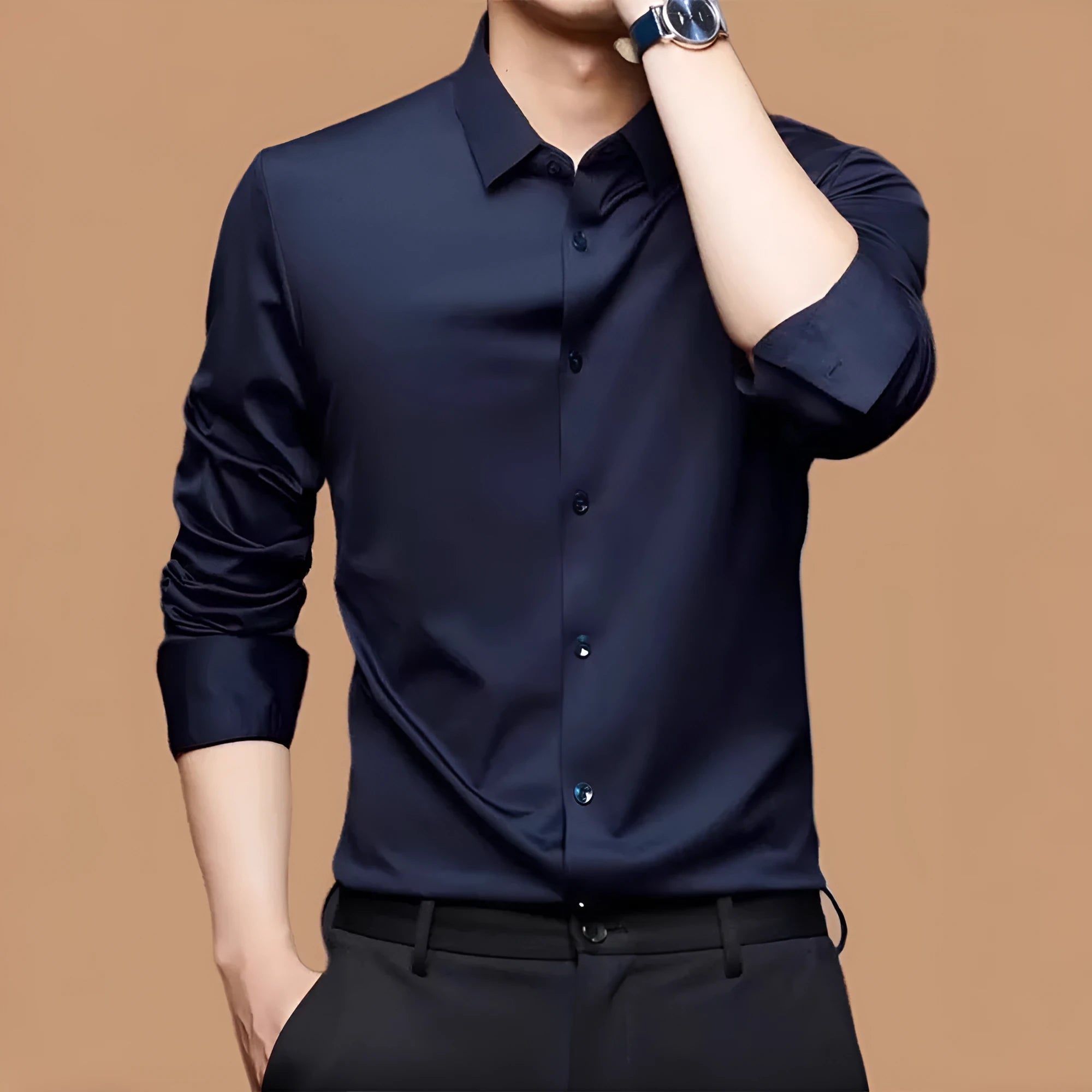 Man wearing a seamless long sleeve elastic shirt in a cardigan style, showing its fit and texture.