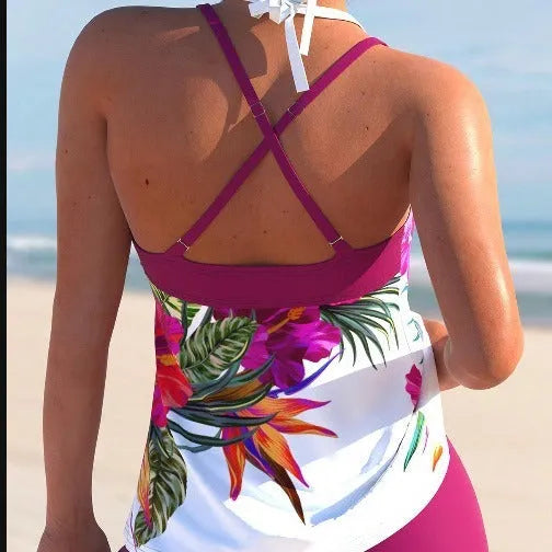 Women's floral swimsuit with large flower pattern and chest padding in purple-red colour