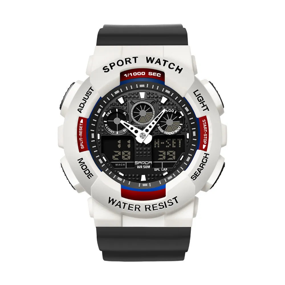 Women's multifunctional waterproof sports digital watch in resin and stainless steel, shown in pink with a simple fashion style.