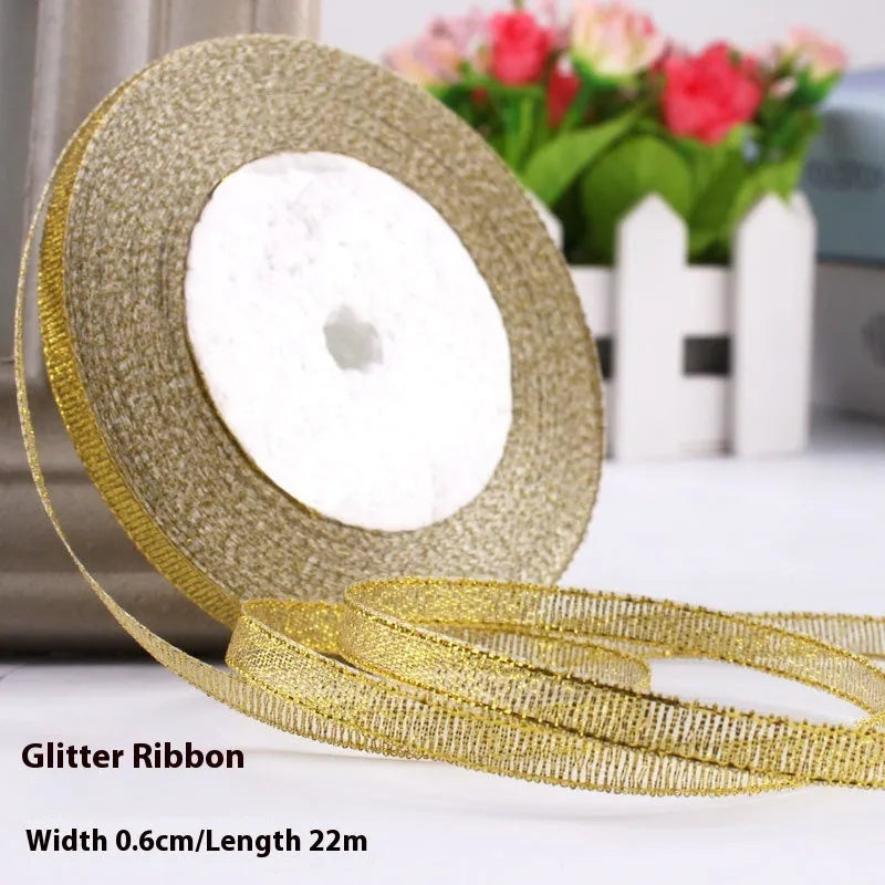 0.6cm wide polyester gift packaging ribbon roll in multiple colour options including gold leaf and jade pink