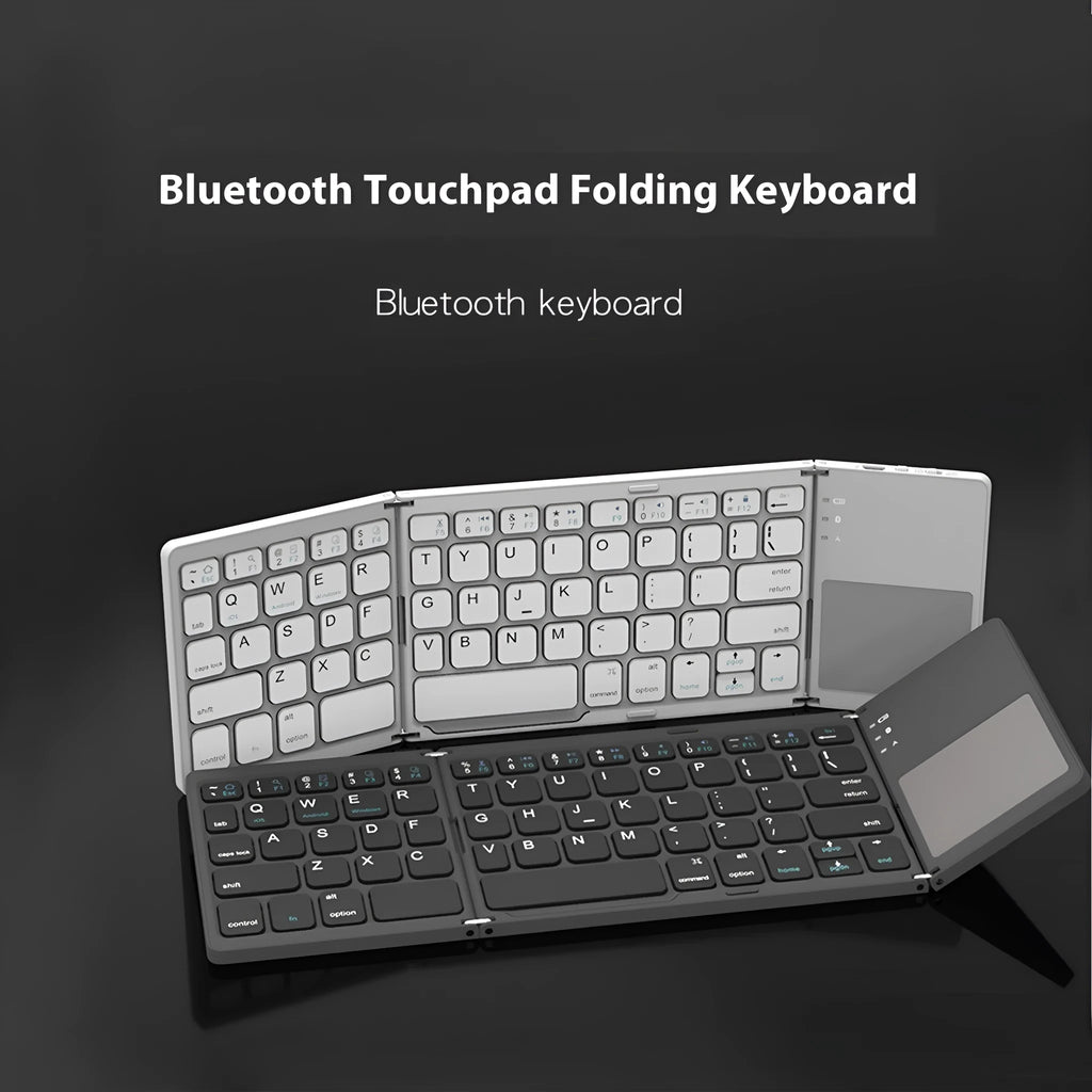 Black tri-fold Bluetooth keyboard showing folded thickness next to tablet for size comparison