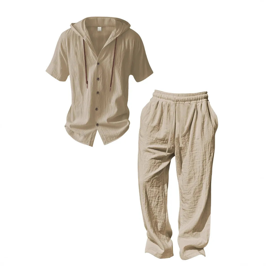 Men's cotton casual sports suit in black with long sleeves and full-length trousers
