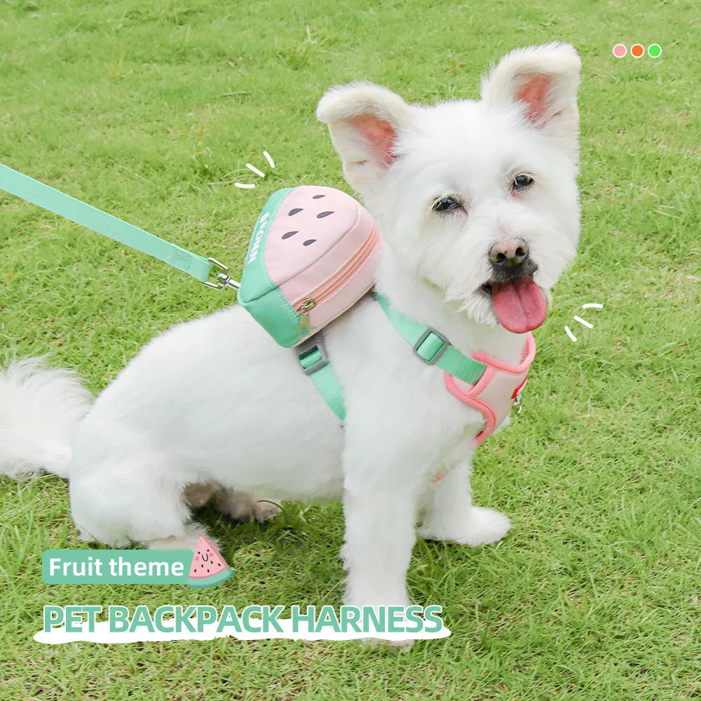 Fruit-themed pet backpack and matching chest strap set for dogs and cats in green colour