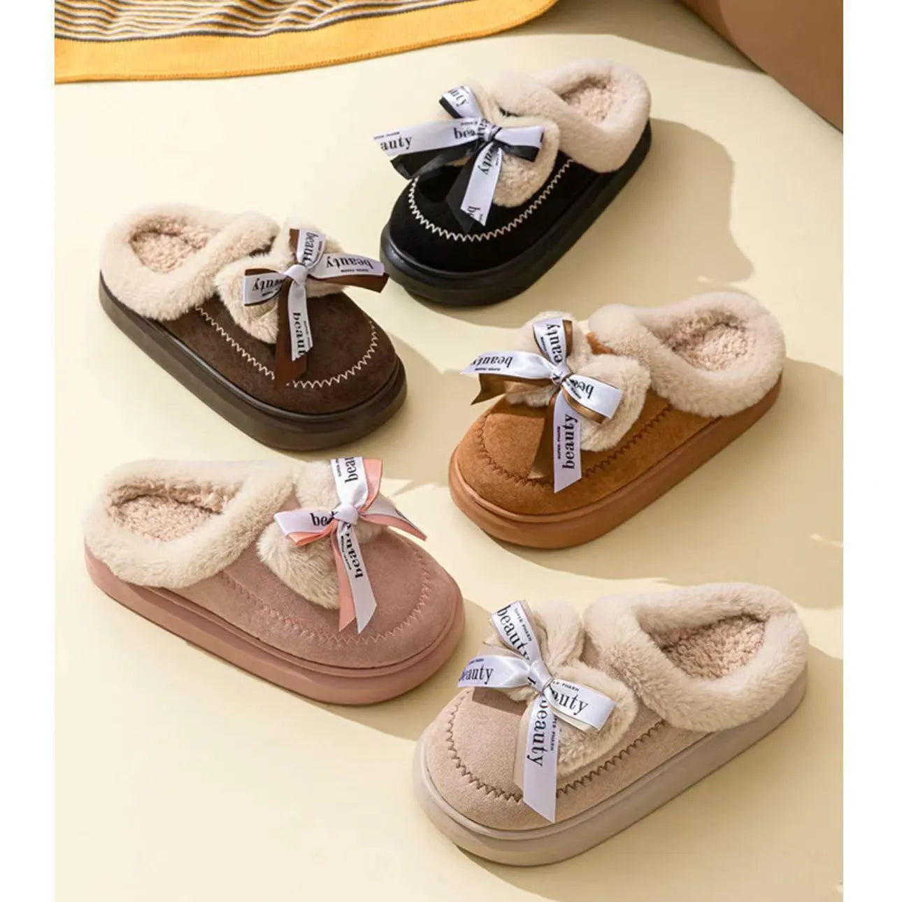 Beige suede women's half slippers with a ribbon bow and thick EVA sole.