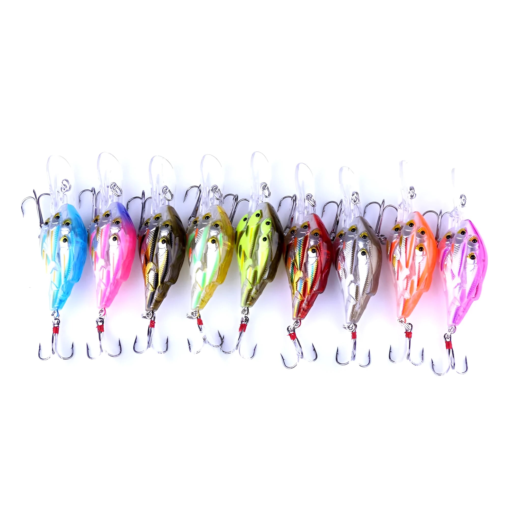 Set of nine multi-colour ABS plastic hard bait fishing lures with feather hooks.