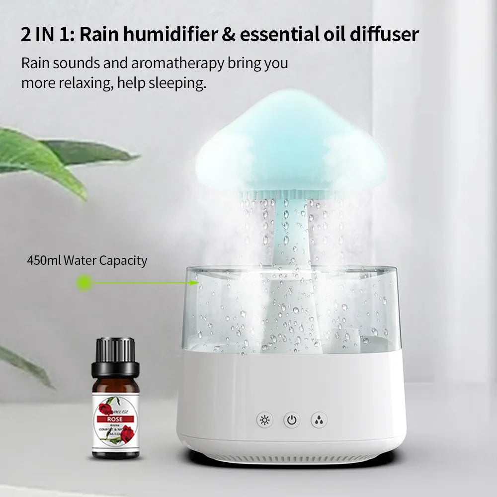 Desk humidifier with raining cloud design, essential oil diffuser, and mushroom lamp night light