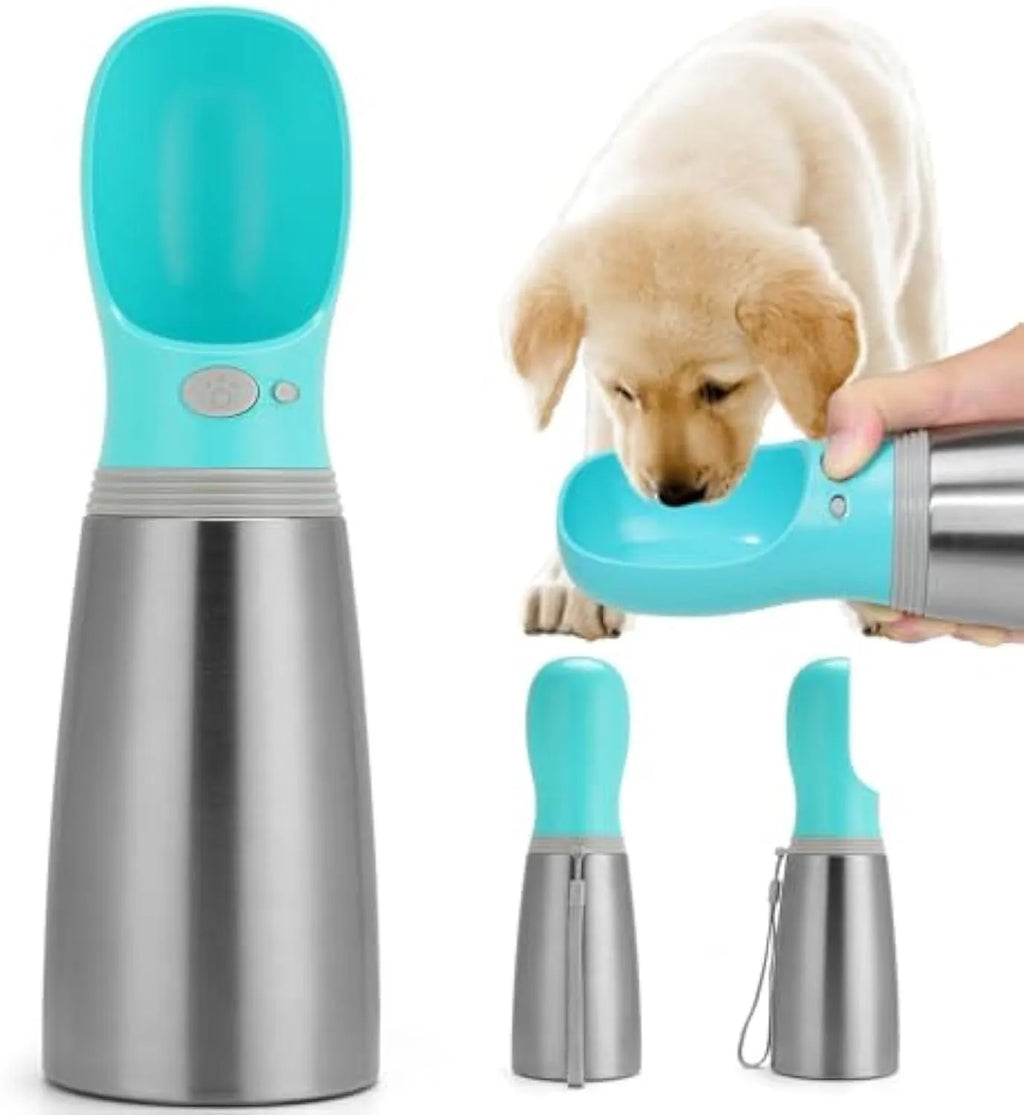 Blue stainless steel portable dog water bottle with drinking feeder showing 700ml capacity