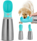 Blue stainless steel portable dog water bottle with drinking feeder showing 700ml capacity
