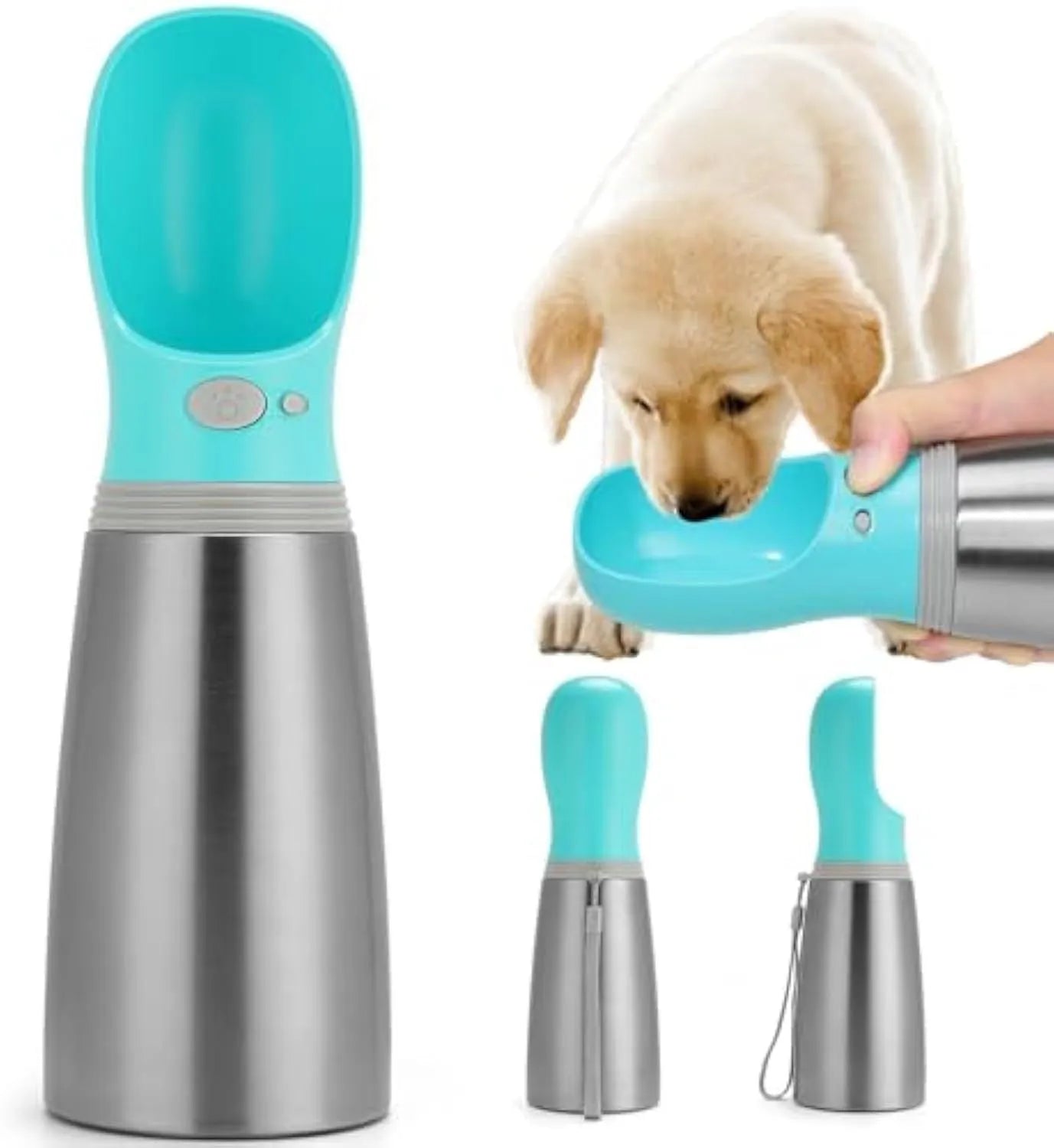 Blue stainless steel portable dog water bottle with drinking feeder showing 700ml capacity