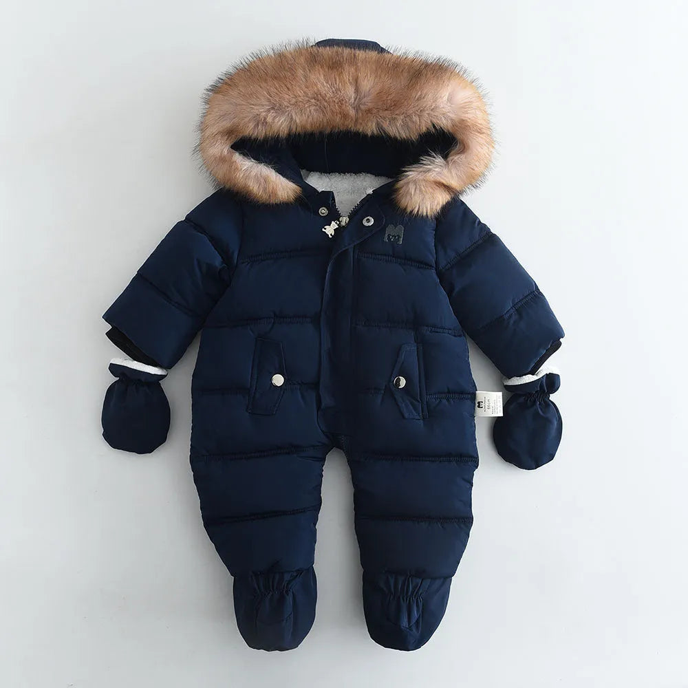 Fleece-lined thick hooded baby jumpsuit in beige with zip front and fur hood