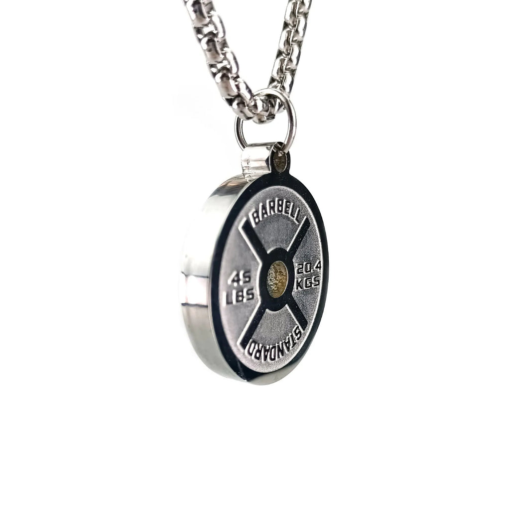 Stainless steel barbell disk necklace with geometric pendant on a choice of 60cm chain
