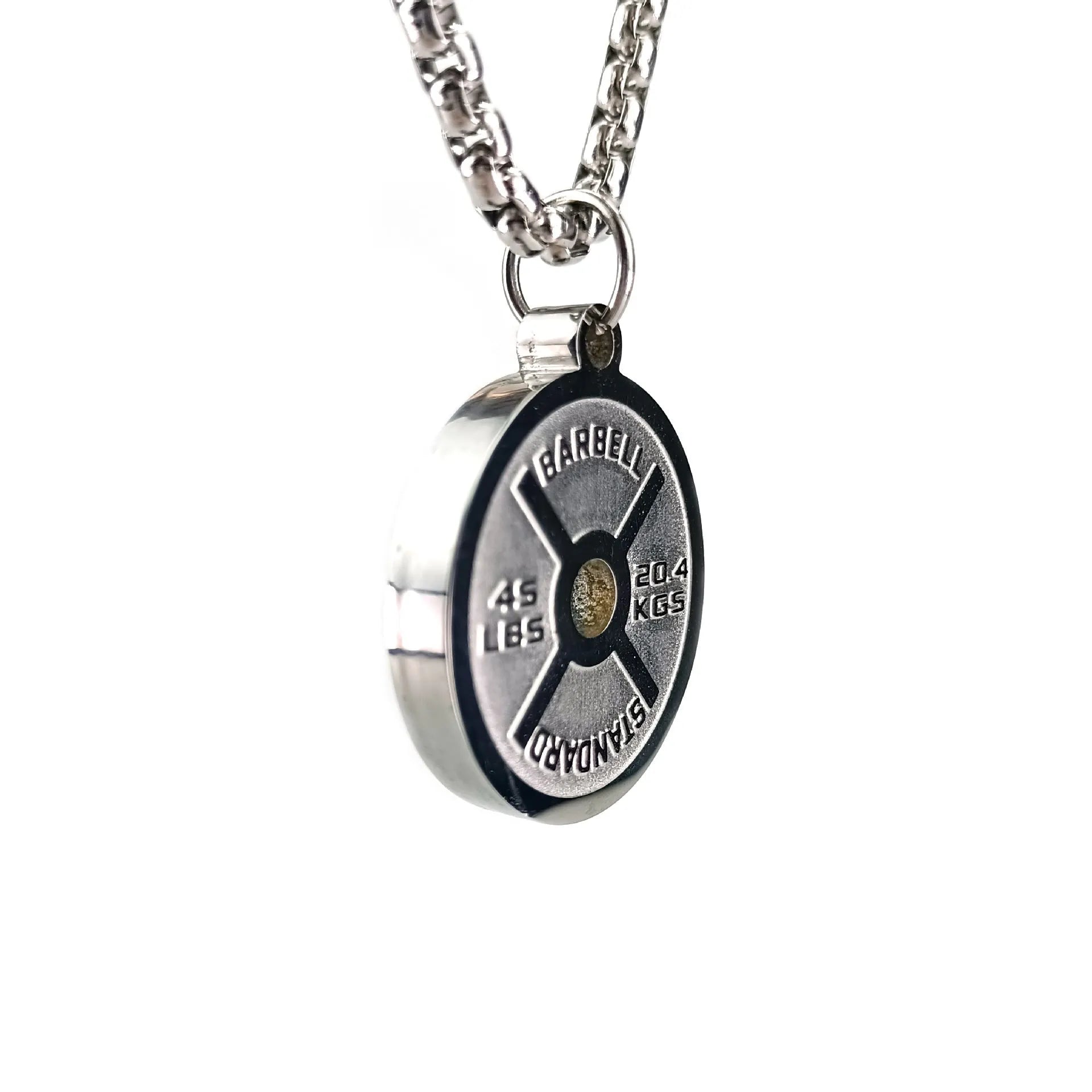 Stainless steel barbell disk necklace with geometric pendant on a choice of 60cm chain