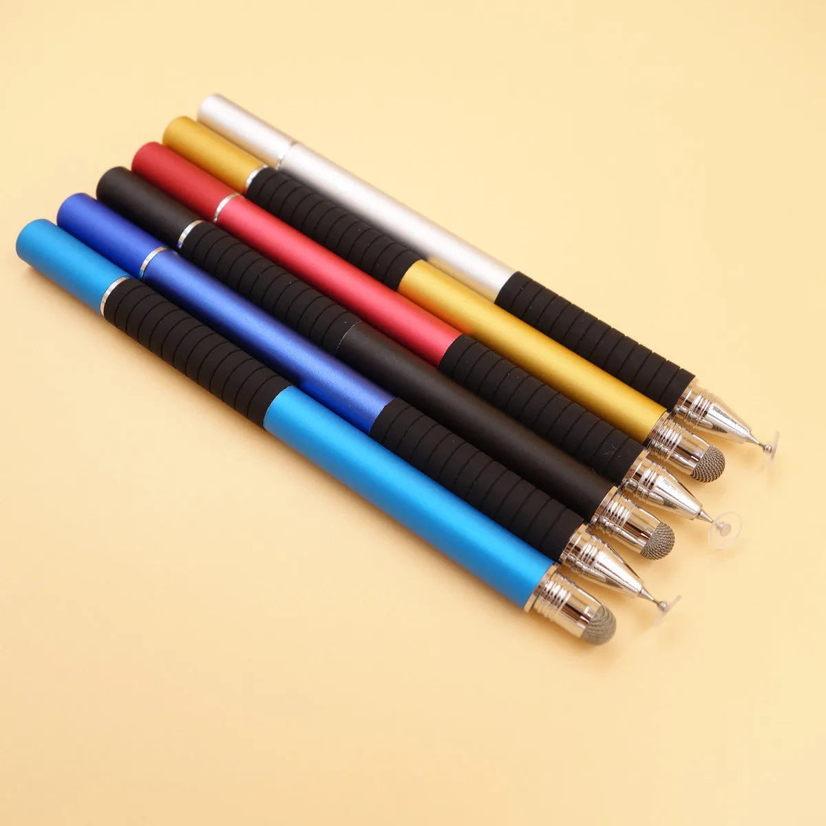 2-in-1 capacitive stylus pen with conductive cloth head and suction cup disc in aluminium barrel, 132mm length, multiple colours