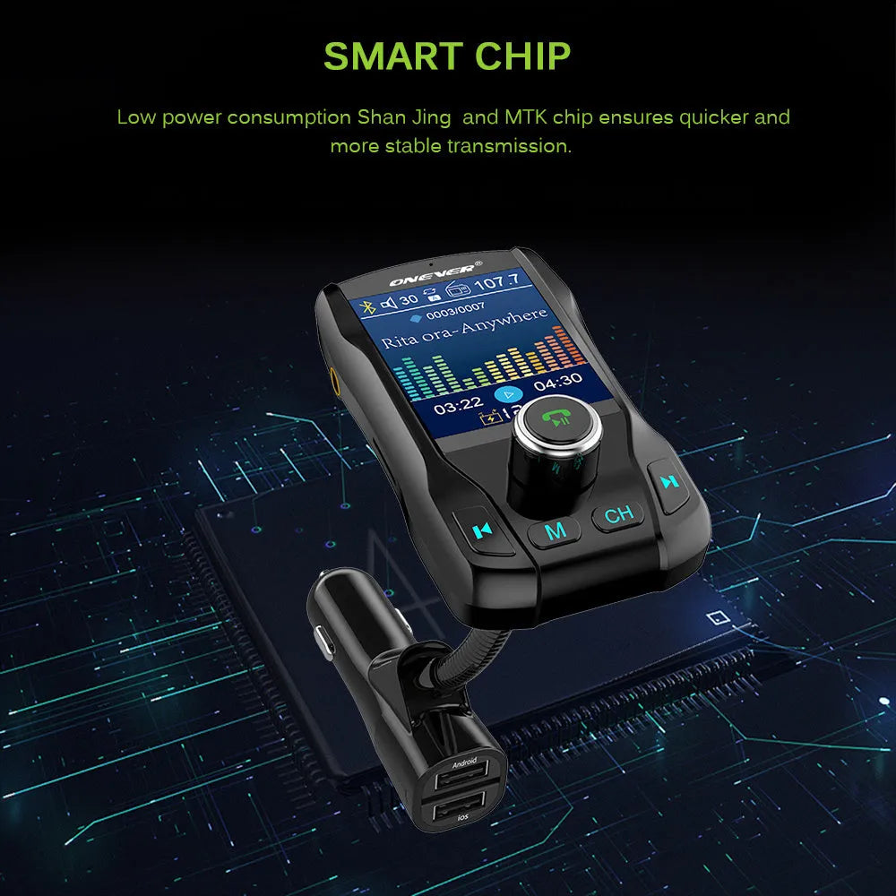 Car Bluetooth FM transmitter with colour screen showing FM frequency and dual USB charging ports