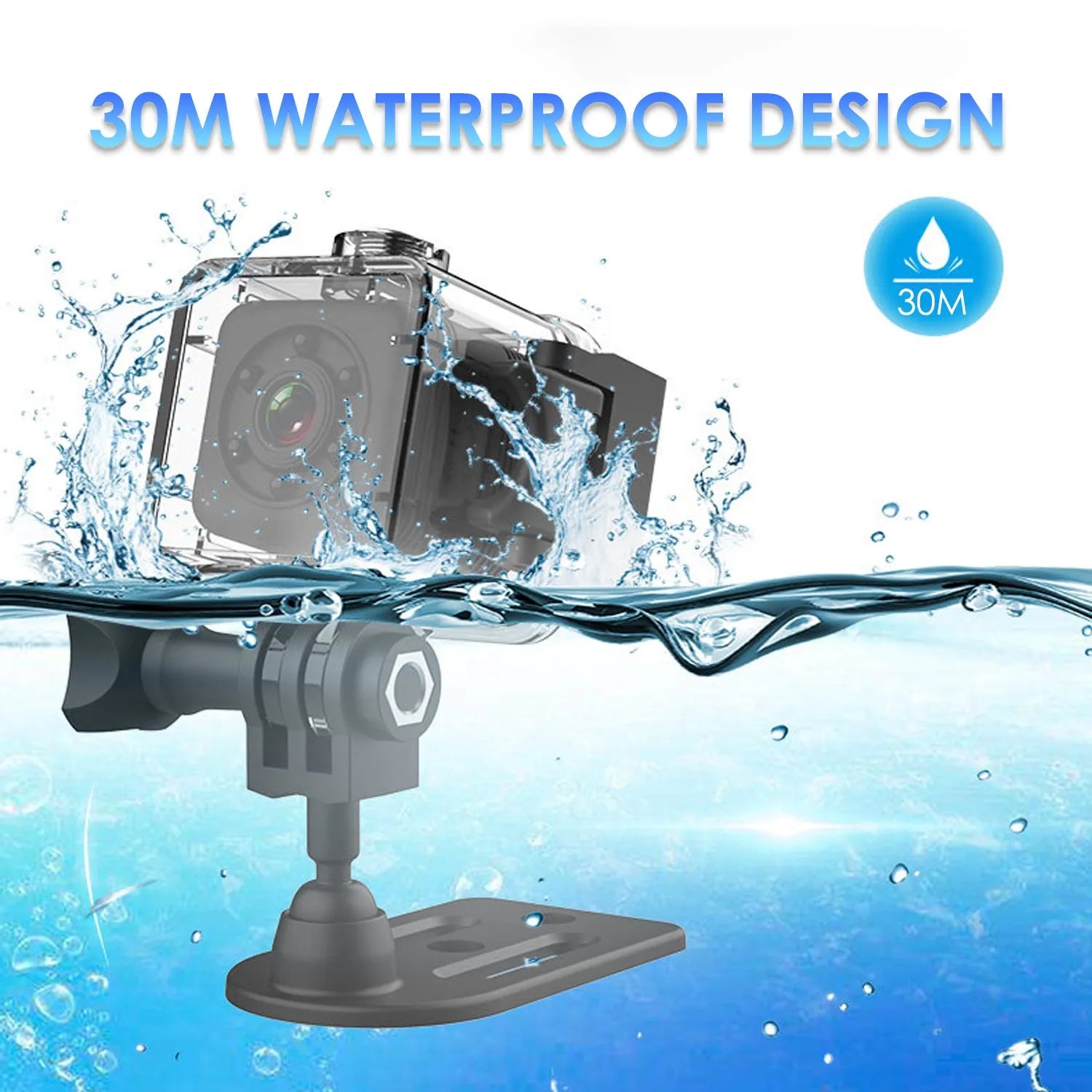 Black SQ29 waterproof sports camera with MicroUSB port and TF card slot.