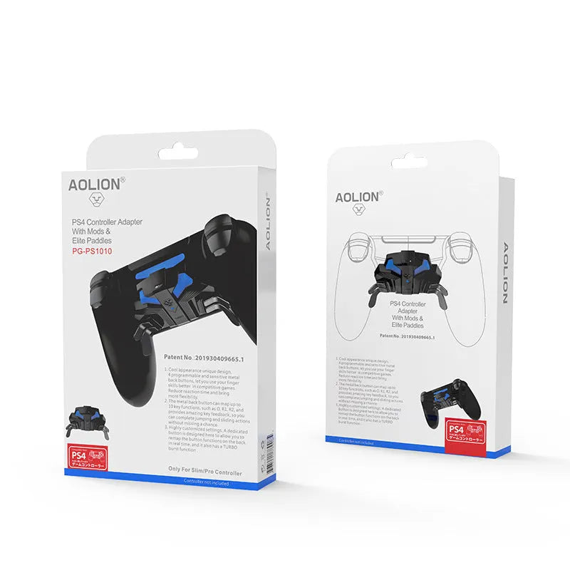 Black PS4 controller back button attachment with two extra buttons and a long cable connected.