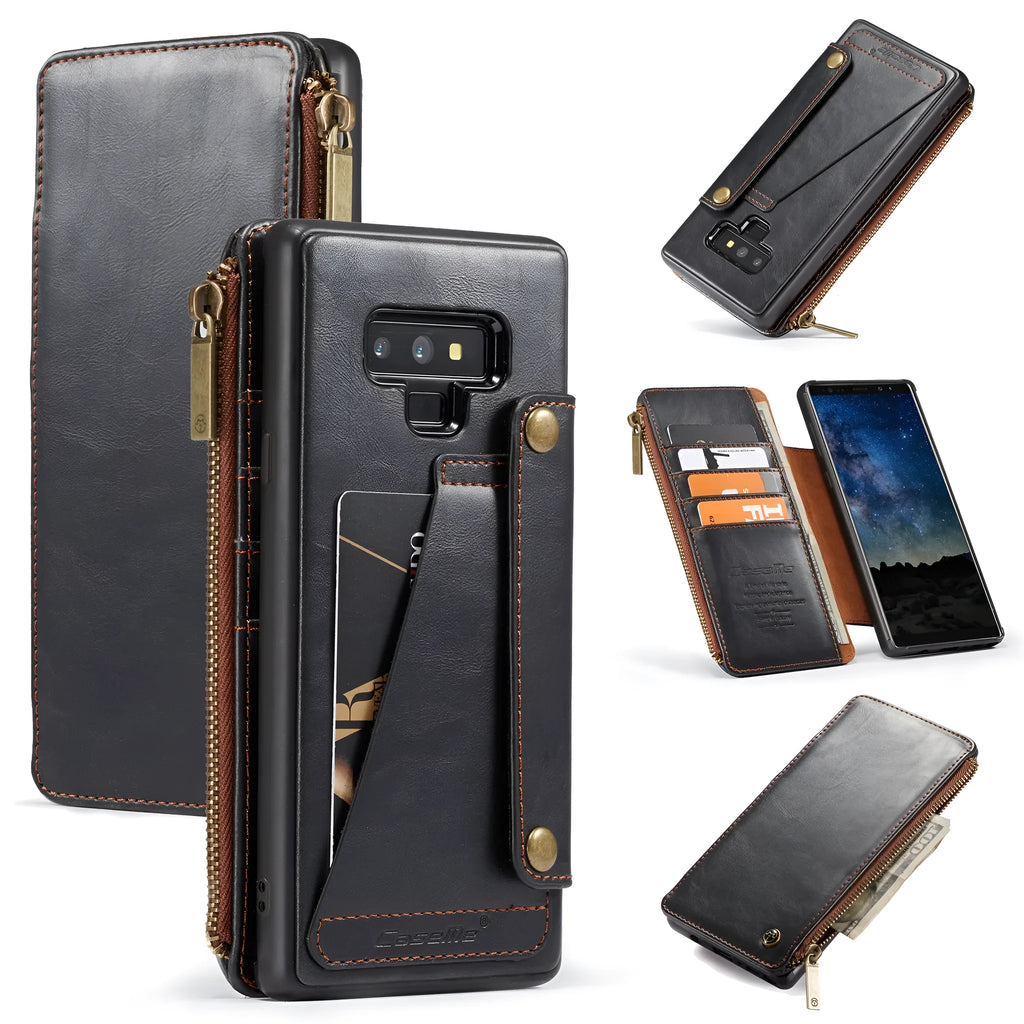 Black PU leather flip phone case open, showing it fitted on a SAMSUNG Note9 smartphone.