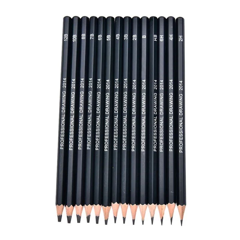 Boxed set of 14 black drawing pencils with hardness grades from 6H to 12B, each 18cm long