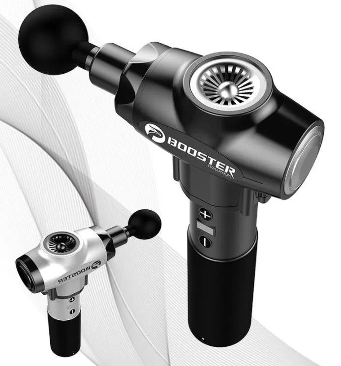Black and white cordless massage gun for muscle relaxation with adjustable speed settings.