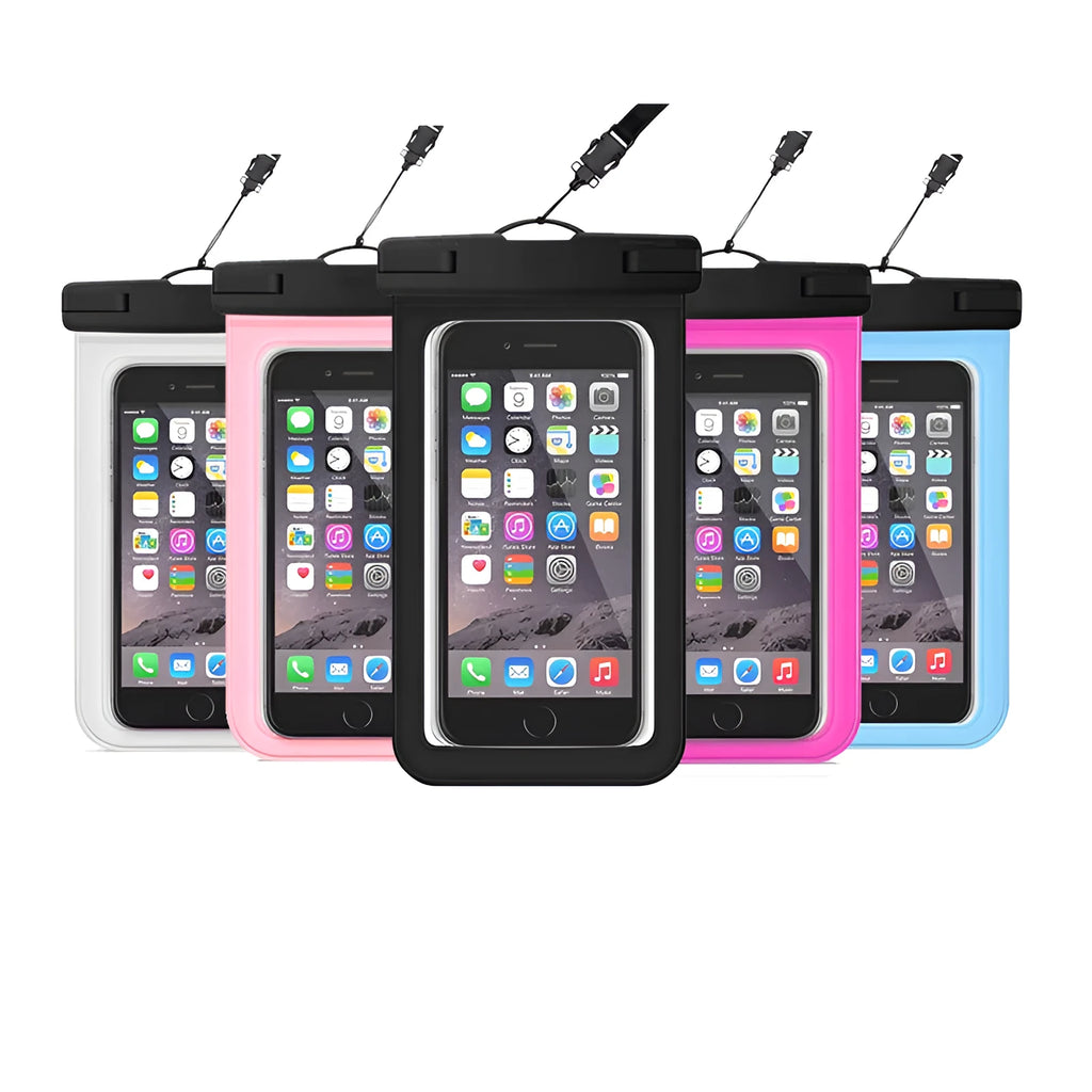 Waterproof mobile phone bag for devices up to 7 inches, made from PVC fabric in colours like pink-blue and turquoise.