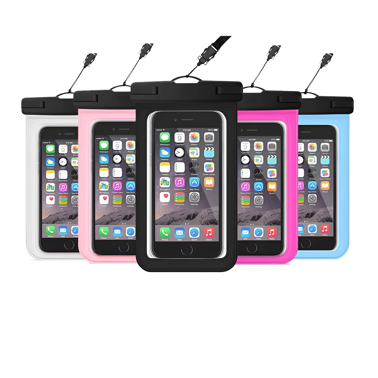Waterproof mobile phone bag for devices up to 7 inches, made from PVC fabric in colours like pink-blue and turquoise.