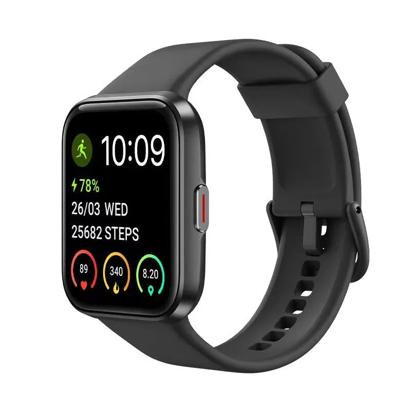 Black smart watch with Bluetooth calling and health monitoring features on a wrist.