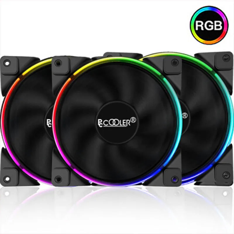 Three black 12cm RGB PC cooling fans with illuminated blades on a dark background.