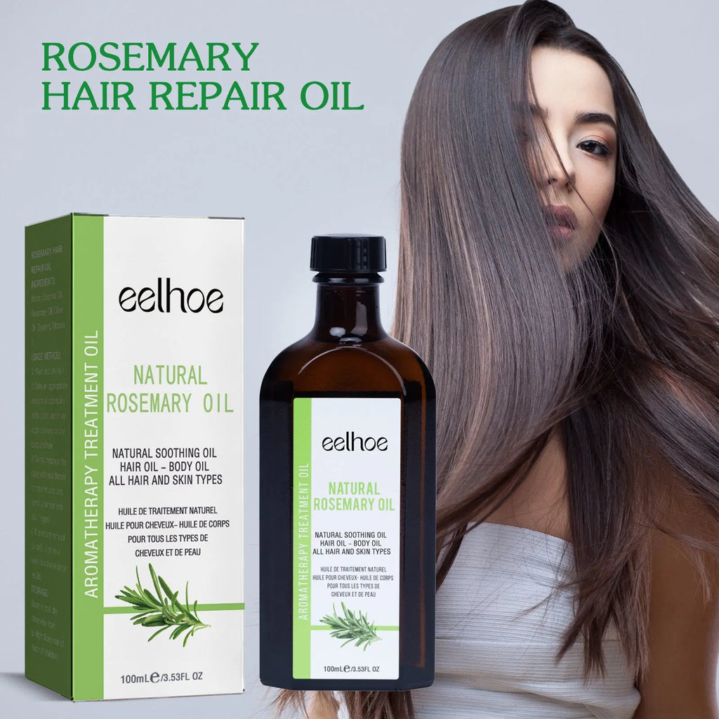 Rosemary hair care essential oil in a 100ml bottle, measures 3.5 x 5.8 cm, for anti-frizz and hair softness